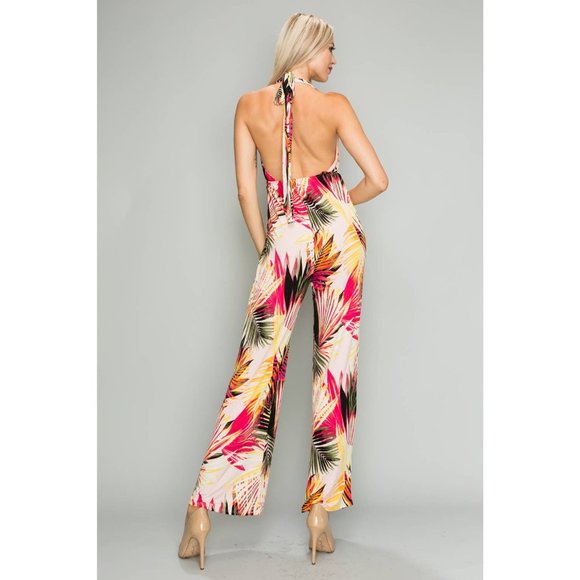 Tropical Palms Multicolor Halter Jumpsuit Romper - Picture 3 of 4